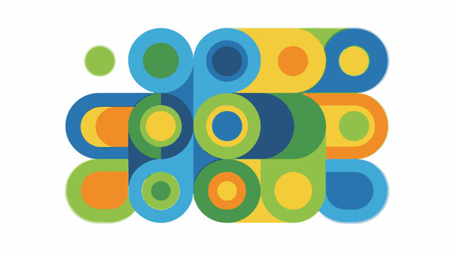 Abstract pattern of interlocking circles and rounded rectangles in vibrant colors