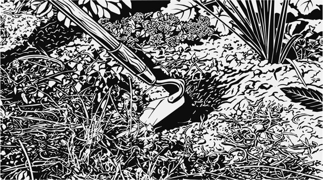 Linocut style illustration of a gardening hoe digging soil for herb propagation, garden cultivation, and using a weeding tool in a backyard.