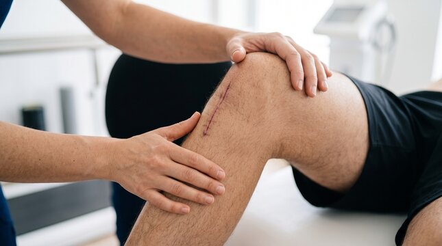 Physical therapist examining knee scar on patient after surgery in clinic