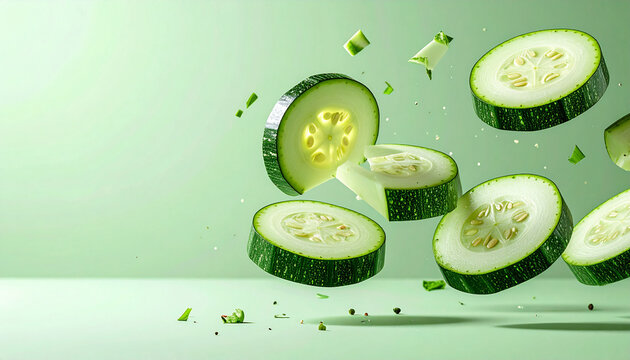 Hochwertige Studio-Produktfotografie von frischen gr&uuml;nen Zucchinispalten und Zucchinischeiben schwebend im Raum, monochrome salbeigr&uuml;ne Farbpalette, einfarbiger matter hellgr&uuml;ner Hintergrund