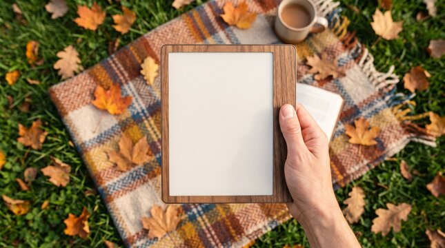 Hand Holding Blank Screen E-Reader Tablet Mockup in Autumn Park on Picnic Blanket