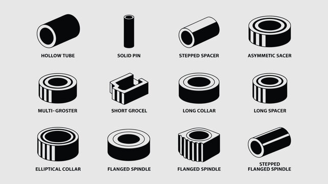 Isomeric vector set of mechanical hardware components including hollow tube solid pin stepped spacer collar flanged spindle and industrial parts.