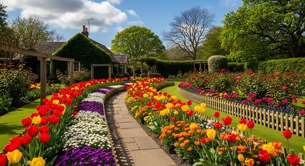 Fototapeta premium Vibrant garden pathway with colorful tulips and flowers leading to a house