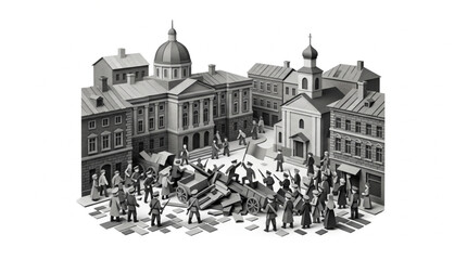 Vintage illustration of a city square with people and damaged buildings. © Wannaki