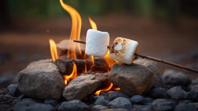 Two marshmallow pieces roasting on a stick over an open campfire with bright orange flames and stones in the background during outdoor activity