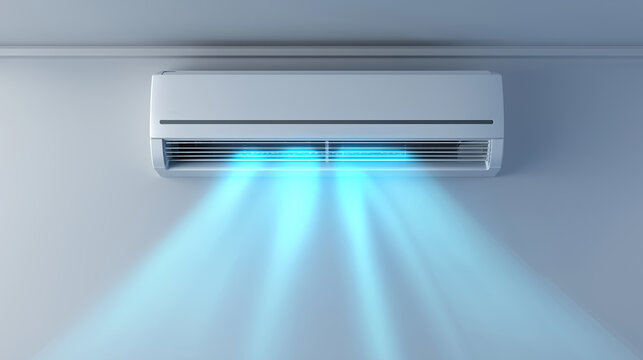 White wall-mounted air conditioner with blue cooling airflow, Modern air conditioner on a white wall blowing cold blue air, generative ai