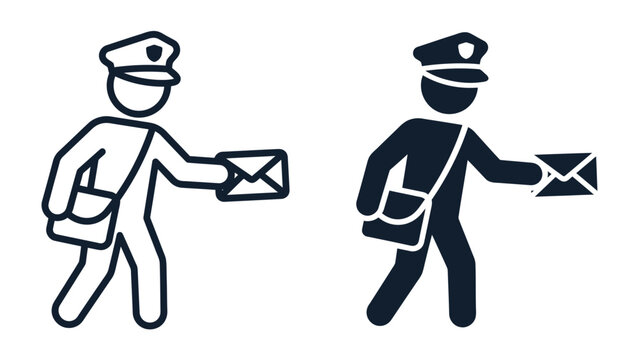 Postman Icon: A simple icon depicting a postman in uniform, holding a letter and carrying a satchel, symbolizes delivery and communication.
