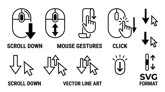 Computer Mouse Clicks, Scrolls, and Gestures Icons Set - Vector Line Art