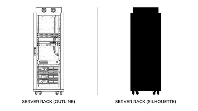 Server Rack Outline and Silhouette: A technical illustration showing a server rack in outline form alongside its silhouette, representing data center hardware and IT infrastructure.