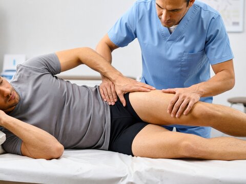 A physiotherapist examines and performs a manual hip assessment on a male patient in a clinic.