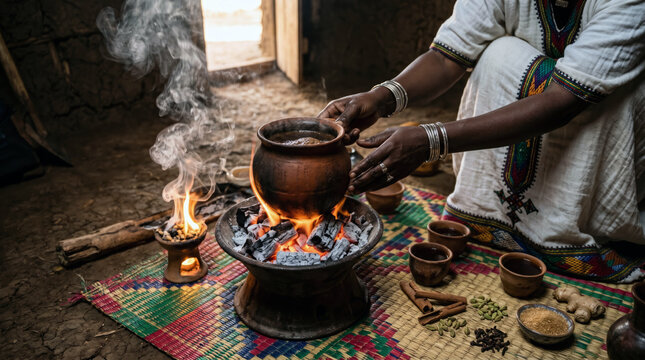 Handmade Ethiopian clay jebena on a glowing charcoal brazier with burning frankincense, traditional cups, spices and firelit hands on a woven mat. Cultural coffee ceremony concept
