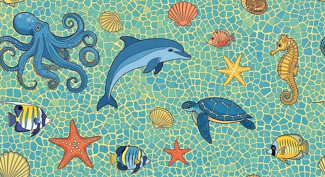 Vibrant mosaic pattern featuring various sea creatures on a blue background