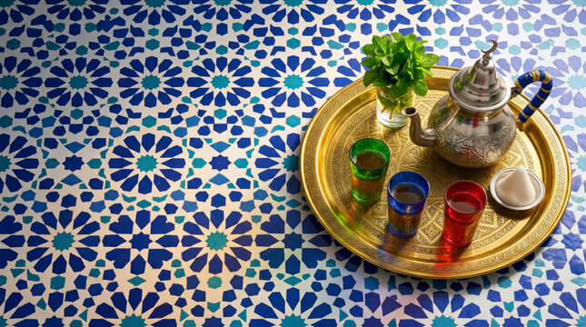 Moroccan silver teapot with colorful tea glasses, fresh mint and sugar loaf on engraved brass tray over zellige tiles, copy space. Mint tea advertising concept