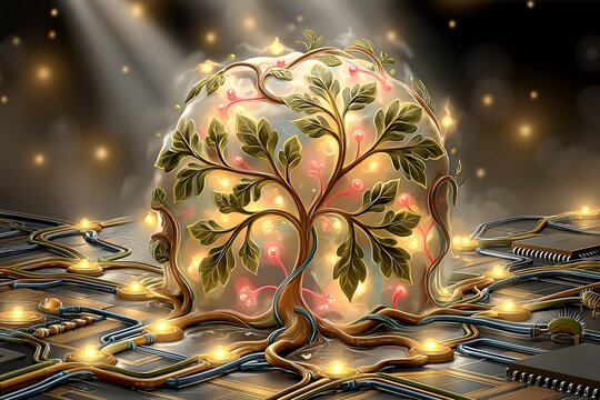 Bright Electronic Plant With Glowing Branches Connected To Motherboard In Creation Environment