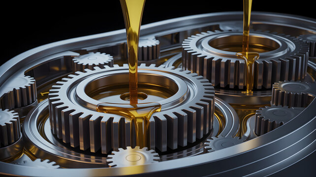 Golden oil pouring on metal gears