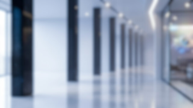 Blurred modern office interior background bright white corporate corridor dark pillars professional business space empty hallway contemporary building architectural design inside 3d rendering