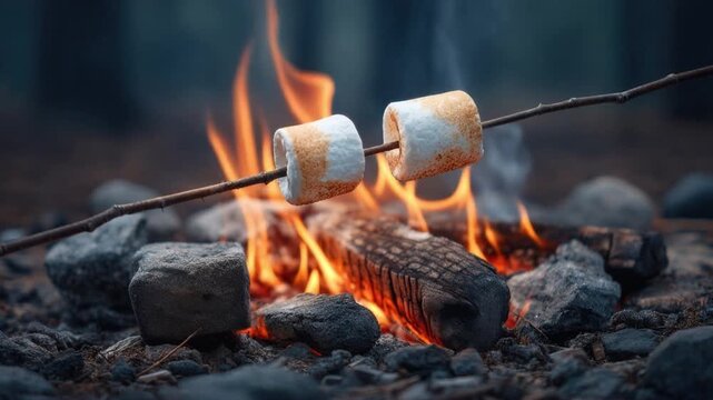 Two marshmallow cubes roasting on a stick over bright campfire flames with glowing embers and charred wood for outdoor camping snack