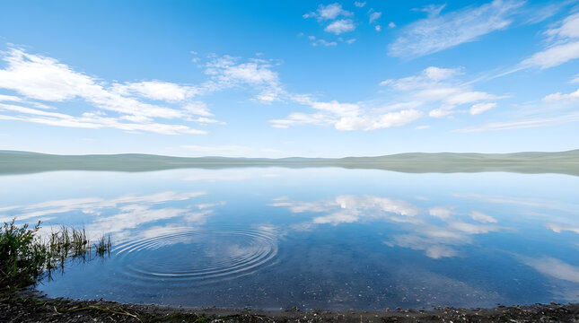 Tranquil lake reflecting a clear blue sky with fluffy white clouds and rolling green hills in the distance