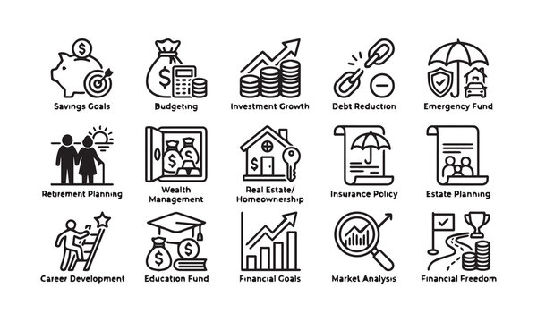Financial planning and investment concept icons vector set.