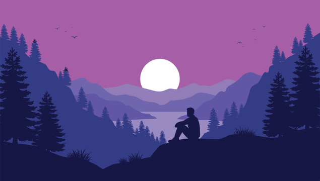 Man sitting on a hill watching sunset over mountains . Beautiful pine forest valley landscape, flat design vector illustration .