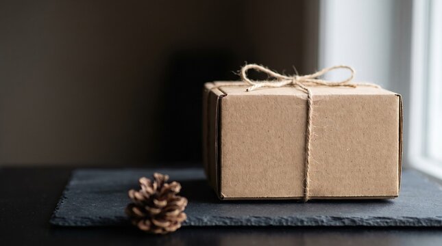Small brown cardboard gift box tied with rustic twine string on a slate surface