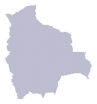 A dotted map of bolivia created with small blue circles on halftone dots map