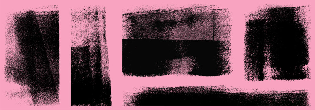 Rolled ink stamp handmade textures set. Distressed grunge eroded paint roller strokes, grainy letterpress overlays. Rectangle, square, stripe shapes. Vector illustration isolated on pinkish background