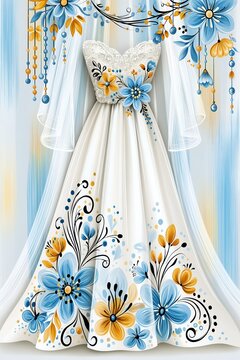 Elegant Wedding Dress. Graceful Bridal Attire Featuring Floral Embellishments And Delicate Veil