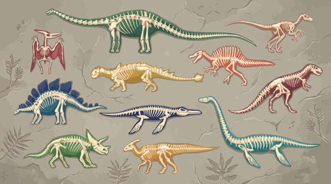 A collection of colorful dinosaur skeletons and prehistoric creatures displayed on a textured background.