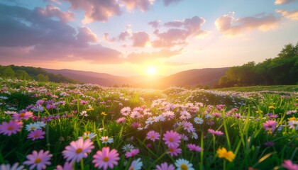 Fototapeta premium Sunset over a vibrant spring meadow filled with flowers and lush green grass