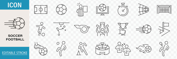 Soccer and football line icon set vector elements for sports tournament championships and training equipment designs. containing stadium ball whistle jersey field and scoreboard symbols match elements © top3