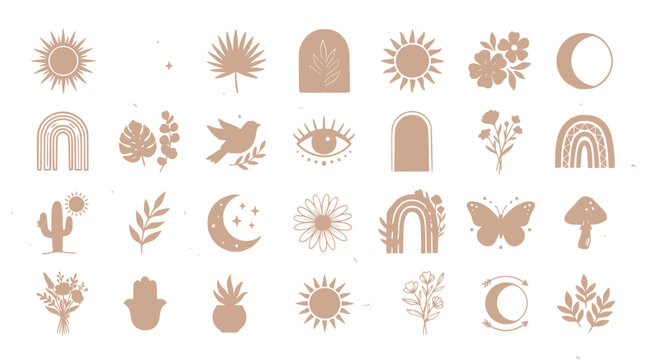 Boho Elements Collection: Sun, Moon, Rainbows, Plants, Abstract Shapes - Beige Tones