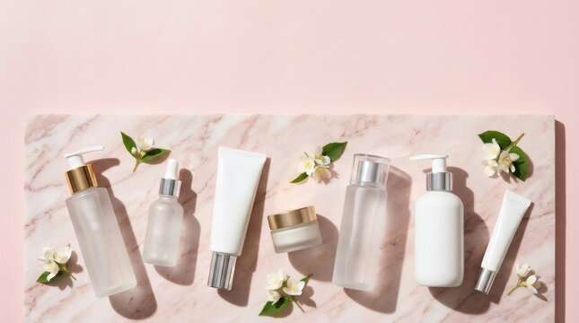 Sophisticated flat lay of various luxury skincare products and flowers on pink marble background