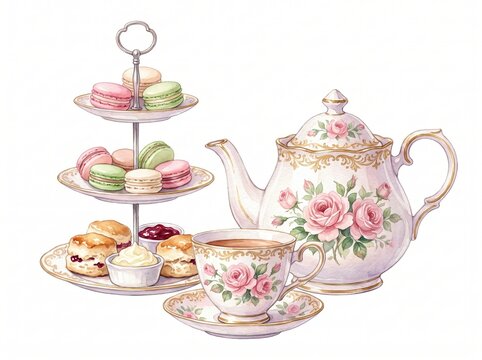 Elegant vintage porcelain tea set with a cup, teapot, and afternoon high tea treats isolated on white background.