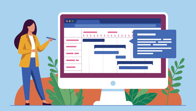 Businesswoman tracking timeline on a computer screen . Gantt chart project management workflow, flat design vector illustration .