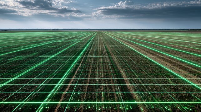 Smart farming field with digital grid overlay