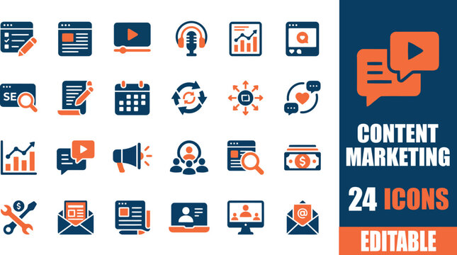 A comprehensive set of 24 editable content marketing icons in blue and orange, illustrating various digital strategies and tools for online business promotion.