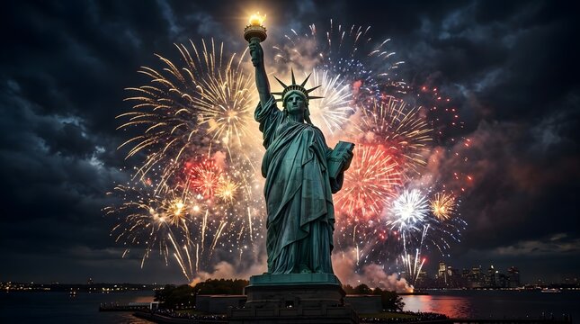 4th of july fireworks display with statue of liberty new york city