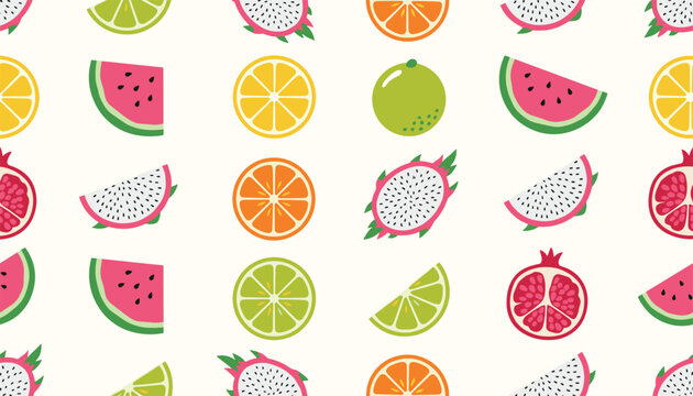 Seamless pattern of delicious sliced tropical fruits including watermelon, dragon fruit, orange, lime, and pomegranate.