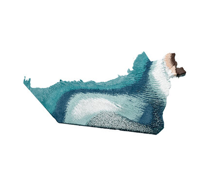 Detailed 3D topographic relief map of Abu Dhabi with stylized textures.