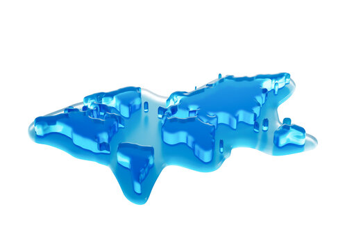 Water Ice Map Of World Global Warming Melting Glacier In Deep Ocean Blue Water 3d Illustration