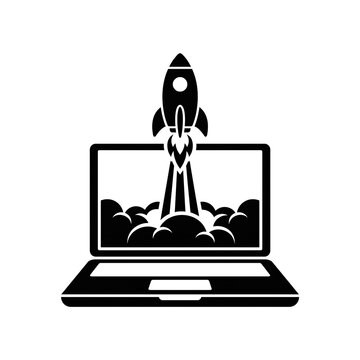 Laptop launching rocket, startup and innovation concept