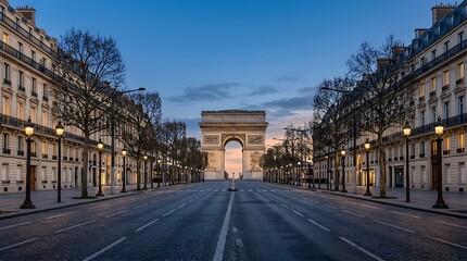 Naklejka premium Empty Champs-Elysees and Arc de Triomphe at Sunrise, Paris