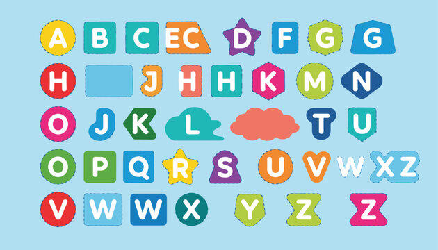 Colorful alphabet puzzle blocks with letters from A to Z designed in various geometric shapes on a blue background.
