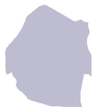 A dotted map of eswatini rendered in dark blue pixels on a halftone dots map