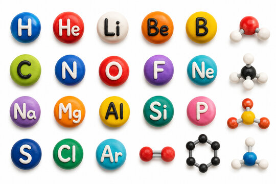 Colorful Polymer Clay Chemical Symbols Collection Isolated on White Background