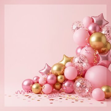 Pink and gold balloons with confetti on a pastel pink background. Festive celebration backdrop with empty space for text. Holiday event banner for greeting card or product advertisement.