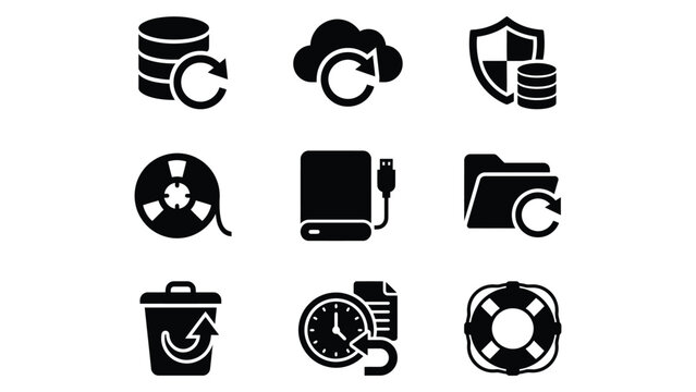 Data analytics backup and recovery icons set for cloud security and storage solutions