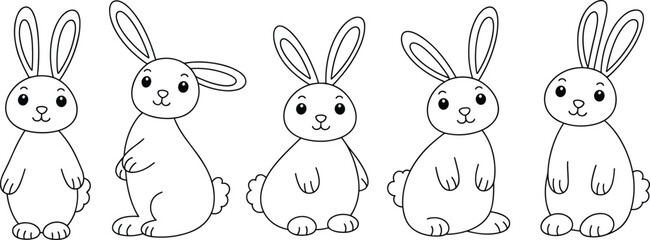 Naklejka premium Five cute cartoon bunnies in a row with simple line art style for Easter and spring designs
