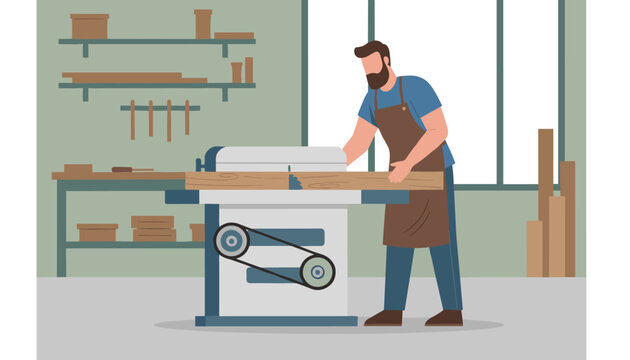 Professional woodworker male character operating a large planer machine in his carpentry workshop with wood panels.
